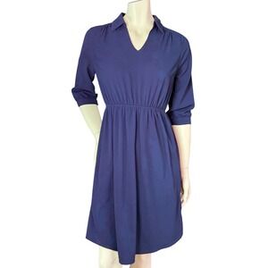 Monteau Navy Blue Fit and Flare Dress Collared V-Neck Career Chic Office Size M